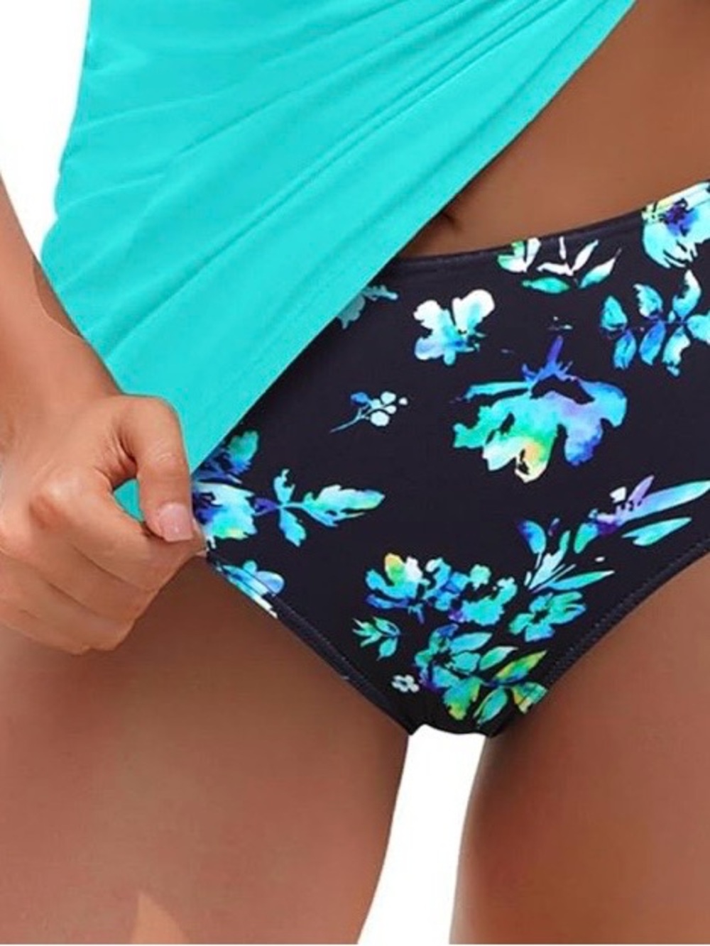 Yonique womens  Floral Navy Swim Bottoms with Teal Accent